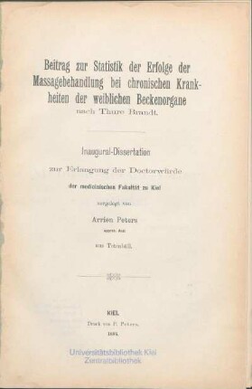 Beitrag zur Statistik der Erfolge der Massagebehandlung bei chronischen Krankheiten der weiblichen Beckenorgane nach Thure Brandt