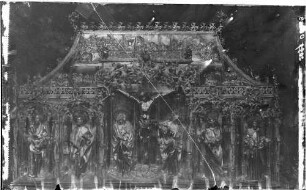 Breisach Sankt Stephansmünster Kirchenschatz Langseite Kreuzigungsgruppe und Heilige des Reliquienschrein des heiligen Gervasius und Protasius vom Meister Peter Berlin aus Wimpfen (um 1496)