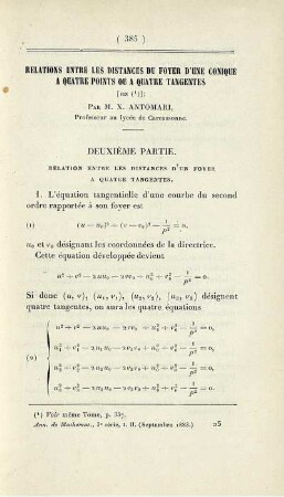 Relations entre les distances du foyer d´une conique a quatre points ou a quatre tangentes.