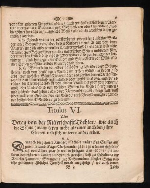 Titulus VI. Wie Deren von der Ritterschafft Töchter, wie auch die Söhne (wann deren mehr als einer im Leben) ihre Elteren und sich untereinander erben.