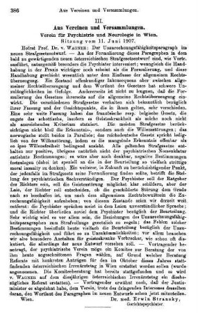 386, Verein für Psychiatrie und Neurologie in Wien. Sitzung vom 11. Juni 1907