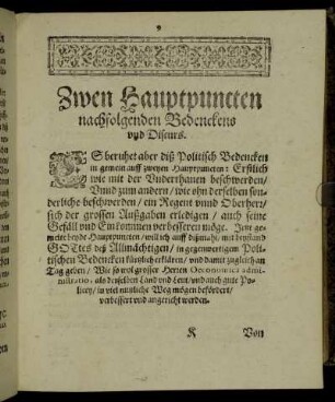 Zwen Hauptpuncten nachfolgenden Bedenckens und Discurs.