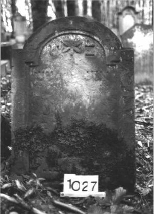 Grabstein 1027 (Index: 99899619) Material: Sandstein Zustand: völlig verwittert, Rückseite stark verwittert Maße HxBxT: 101x66x20 cm Beschreibung: Stele mit eingezogenem Rundbogenabschluss, im Bogenfeld Blüte Symbolik: Blüte: Grabstein 1027