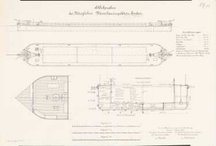 Schlickprahm der Wasserbauinspektion, Emden: Ansicht, Grundriss, Schnitte 1:100, 1:50, 1:25