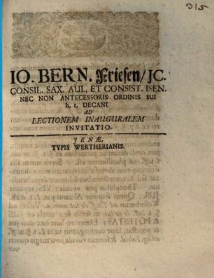 Io. Bern. Friesen ... Ad Lectionem Inauguralem Invitatio