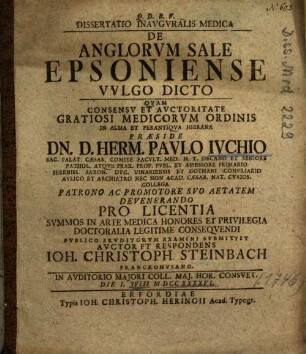 Dissertatio Inavgvralis Medica De Anglorvm Sale Epsoniense Vvlgo Dicto