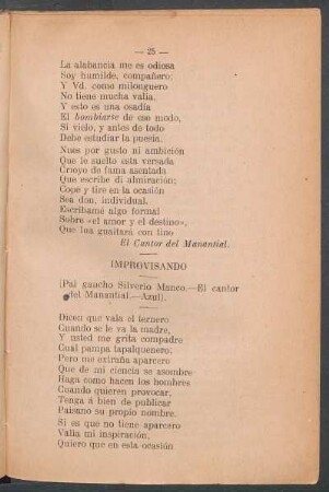 Improvisando : (Pal gaucho Silverio Manco. El cantor del Manantial. Azul)