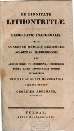 De dignitate lithontritiae : Dissertatio inauguralis