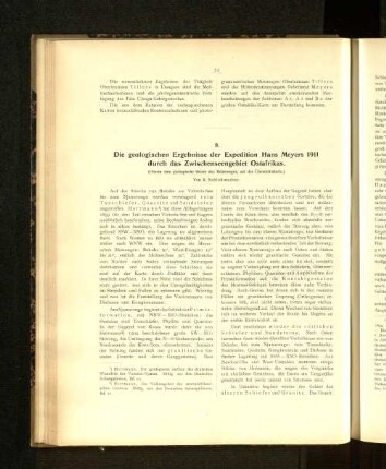 8. Die geologischen Ergebnisse der Expedition Hans Meyers 1911 durch das Zwischenseegebiet Ostafrikas.