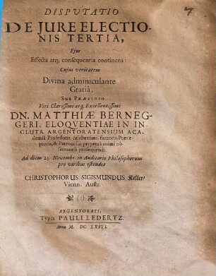 Disputatio De Iure Electionis Tertia, Eius Effecta atq[ue] consequentia continens