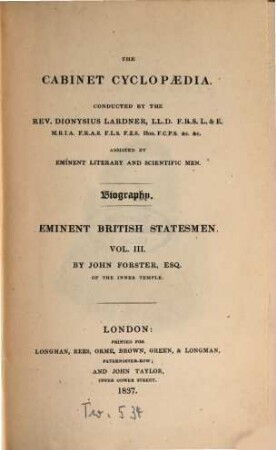 Lives of eminent British Statesmen, 3. John Pym. John Hampdon