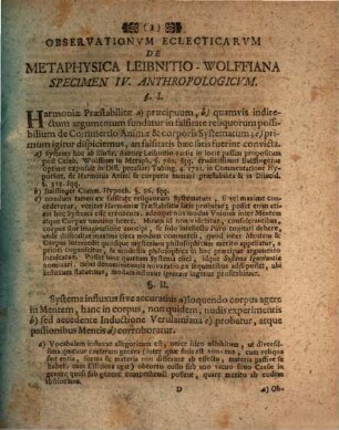 Observationvm Eclecticarvm De Metaphysica Leibnitio-Wolffiana Specimen IV. Anthropologicvm