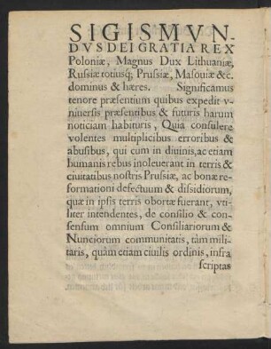 Sigismundus Dei Gratia Rex Poloniae ... = Sigismundus von Gottes gnaden/ Königk zu Polen ...