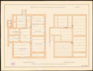 Entwurf zu einem freistehenden Wohnhaus: Grundriss Kellergeschoss, erste Balkenlage, 1:50