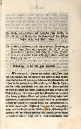 Predigt am Reformationsfeste, den 31. Oktober 1852 in der protestantischen Pfarrkirche zu Bamberg : "Fürchte dich nicht, du kleine Heerde, denn es ist eures Vaters Wohlgefallen, euch das Reich zu geben!"