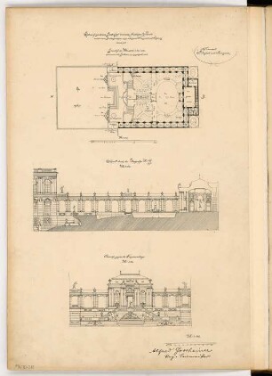 Gartenhof in einem fürstlichen Palast Monatskonkurrenz Dezember 1903: Lageplan mit Grundriss 1:300; Aufriss Hofinnenansicht, Längsschnitt mit Innenansicht eines Seitenflügels 1:150; 2 Maßstabsleisten