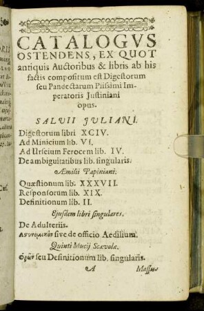 Catalogus Ostendens, Ex Quot antiquis Auctoribus & libris ab his factis compositum est Digestorum seu Pandectarum Piissimi Imperatoris Justiniani opus.