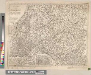 Charte von Schwaben : mit allen Städten, Marktfleken und Pfarrdörfern, Chausseen, Flüssen, Bächen und dermahligen Gränzen