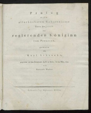 Prolog an dem allerhöchsten Geburtsfeste Ihro Majestät der regierenden Königinn von Preussen