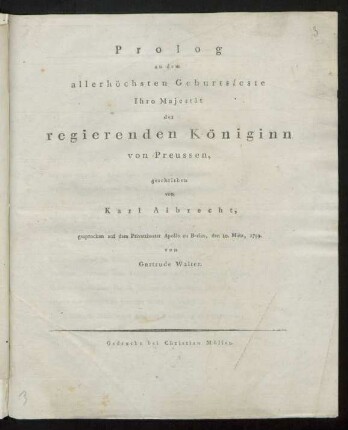 Prolog an dem allerhöchsten Geburtsfeste Ihro Majestät der regierenden Königinn von Preussen