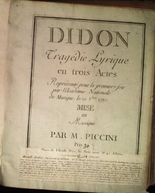 Didon : tragédie lyrique en trois actes ; représenté pour la premiere fois par l'Académie Nationale de Musique, le 16 8bre 1783