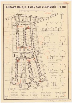 Gesamtbebauungsplan Ankara Siedlung Bahceli Evler Yapi Kooperatifi: Grund- und Lageplan 1:2000, Straßenprofile 1:100