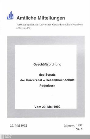 Geschäftsordnung des Senats der Universität - Gesamthochschule - Paderborn : vom 20. Mai 1992
