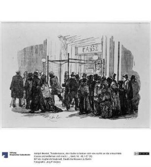 Theaterkasse, die Käufer schieben sich von rechts an die erleuchtete Kasse und entfernen sich nach links, zu Heinrich von Kleist "Der Zerbrochene Krug"