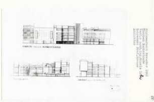 Thermen Rankestraße, Berlin-Charlottenburg (Diplomarbeit bei Willy Kreuer): Ansichten von der Rankestraße, vom Hof und Südwesten 1:200