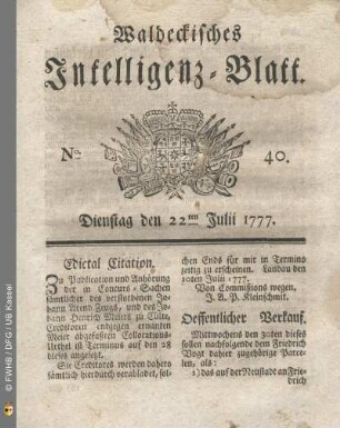 No. 40. Dienstag den 22ten Julii 1777
