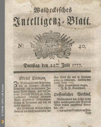 No. 40. Dienstag den 22ten Julii 1777