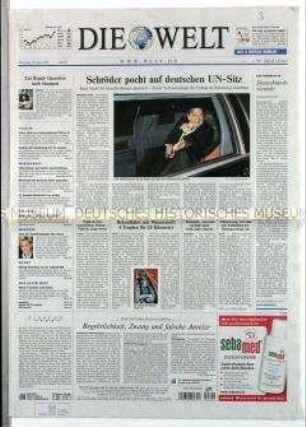 Tageszeitung "Die Welt" zur UN-Vollversammlung und dem Anspruch Deutschlands auf einen ständigen Sitz im UN-Sicherheitsrat
