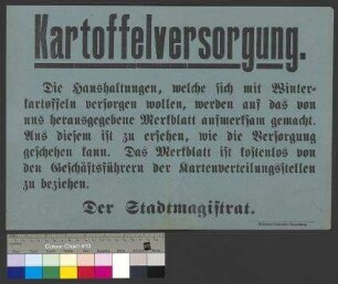 Bekanntmachung des Stadtmagistrat Braunschweig über ein Merkblatt zur Versorgung der Bevölkerung mit Winterkartoffeln