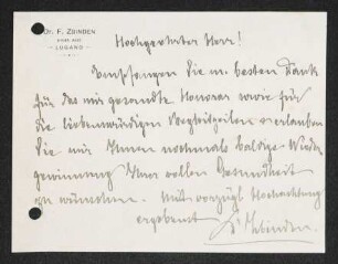 Brief von F. Zbinden an Gerhart Hauptmann