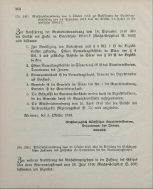 Nr. 249: Ministerialverordnung vom 5. Oktober 1916 zur Ausführung der Bundesratsverordnung vom 14. September 1916 über den Verkehr mit Zucker im Betriebsjahr 1916/17