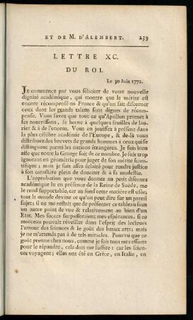 239-250, Lettre XC. du Roi. - Lettre XCIII. de M. d'Alembert.