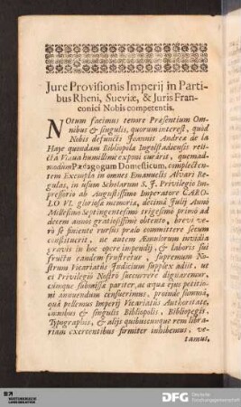 Jure Provisionis Imperij in Partibus Rheni, Sueviæ, & Juris Franconici Nobis competentis