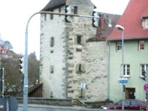 Stadtbefestigung-Turm an Stettener Straße-Ansicht von Nordwesten mit Bossierung und Schießscharten in Übersicht