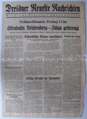 Früh-Ausgabe (Nachrichtenblatt) der "Dresdner Neueste Nachrichten" über die Lage in der Tschechoslowakei am Vorabend des Münchener Abkommen