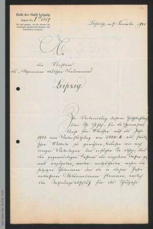 Brief des Rathes der Stadt Leipzig an den Vorstand des ADF