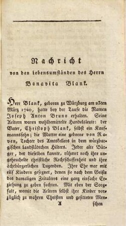 Uebersicht des Blankischen, jetzt der großherzogl. Universitaet zu Wuerzburg gehoerigen Naturalien- und mosaischen Kunst-Kabinetes : nebst vorausgeschickter Nachricht von d. Lebensumstaenden seines ehemal. Eigenthuemers u. jetzigen Direktors, des Herrn Joseph Bonavita Blank