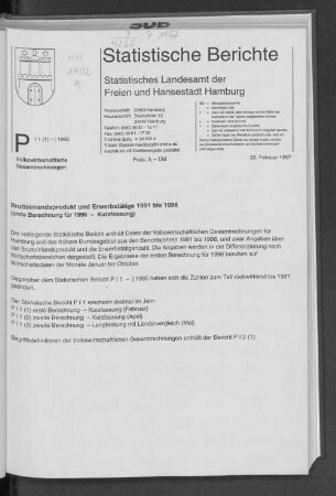 Bruttoinlandsprodukt und Erwerbstätige 1991 bis 1996 (erste Berechnung füt 1996 - Kurzfassung)