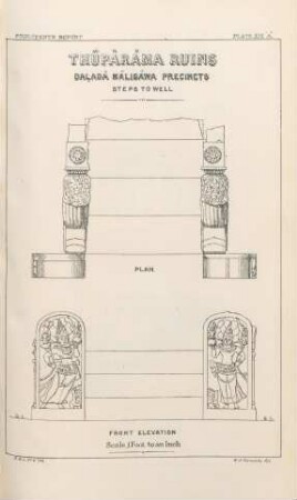 Plate XIX.A. Thúpáráma Ruins. Daladá Máligáwa. Precincts. Steps to well. Plan. Front elevation