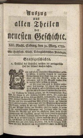 XIII. Nachl. Coburg, den 31. Merz, 1759.