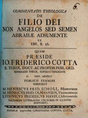 Commentatio theol. de filio Dei non angelos, sed semen Abrahae adsumente : ex Hebr. II, 16.