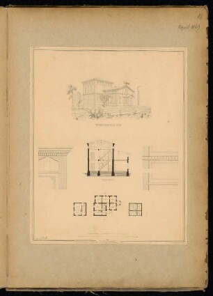 Bahnwärterhaus Monatskonkurrenz April 1849: Grundriss Erdgeschoss, Obergeschoss, Dachbalkenlage, Querschnitt, perspektivische Ansicht, Details: Friese und Gesims; 2 Maßstabsleisten