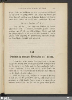 XXI. Darstellung farbiger Ueberzüge auf Metall