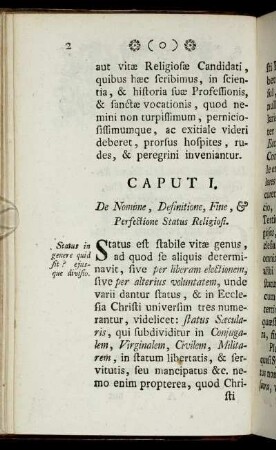 Caput I. De Nomine, Definitione, Fine & Perfectione Status Religiosi.