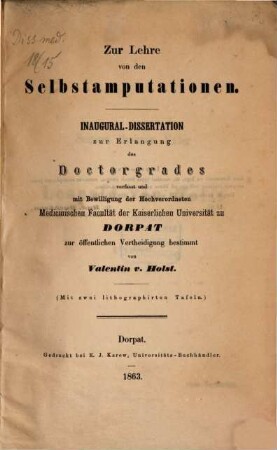 Zur Lehre von den Selbstamputationen : Inaug. Diss.