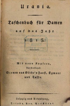 Urania : Taschenbuch auf das Jahr ..., 1815